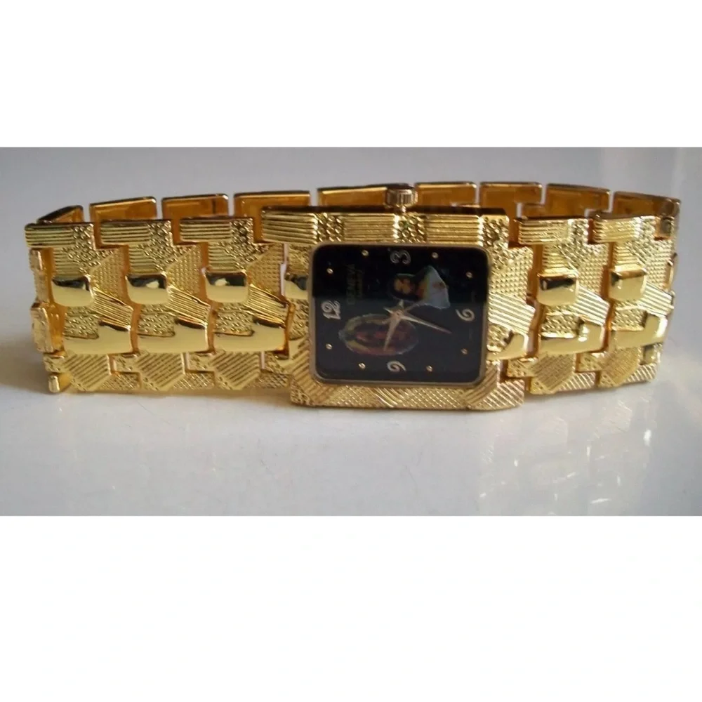 Men's Gold Finish Nugget Style VIRGIN MARY GUADALUPE & JESUS Fashion Watch
